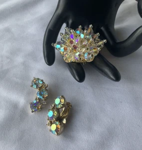 VINTAGE AURORA BOREALIS KRISTALL BROSCHE ANSTECKNADEL & Ohrclips SCHMUCK RETRO WOW - Bild 1 von 16