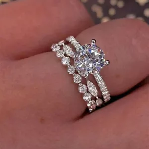 2PC Silver White Sapphire Ring Set Wedding Engagement Jewelry For Women - Picture 1 of 3