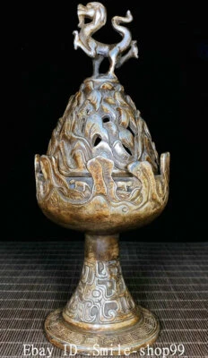 Queimador de incenso porcelana antiga prata dinastia montanha oca Dragon Beast 10" - Imagem 1 de 4