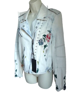 Jaqueta jeans em branco NYC tamanho P nova com etiquetas bordada jeans floral moto lavagem leve $148 - Imagem 1 de 4