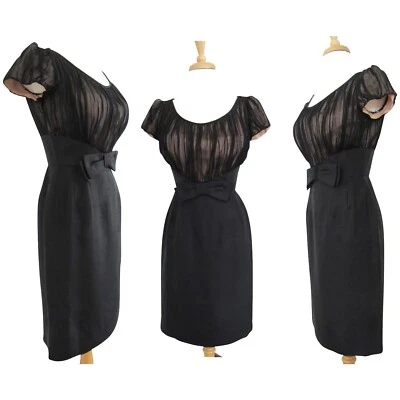 Vintage 1960s LBD Black sheer bombshell pin up Jackie O cocktail dress VGC - Image 1 of 4