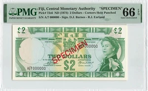 FIJI 2 Dollars 1974, P-72bs SPECIMEN, Barnes / Earland, PMG 66 EPQ Gem UNC, QEII - Picture 1 of 2