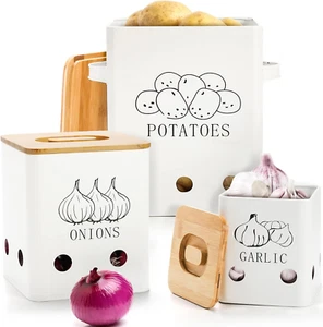 3pc Metal Vegetable Storage Tin Onion Garlic Potato Canister Keeper Wood Lid NEW - Picture 1 of 7