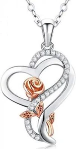 Sterling Silver CZ Heart Rose Necklaces for Women,Valentines Day Gifts For Girls - Picture 1 of 6