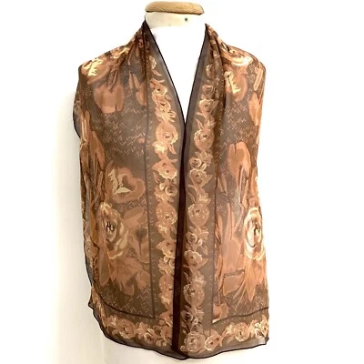 OSCAR FLORAL MARRÓN RECTÁNGULO bufanda de seda 58/14 pulgadas #A63 Foto 1 de 4