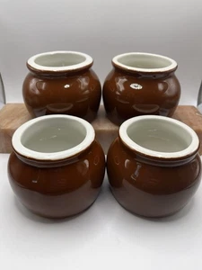 Vintage Hall USA Keramik Miniatur Bohnentöpfe braun weiß Schüsseln 4er Set #461 - Bild 1 von 6