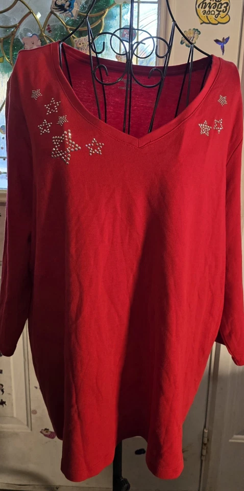 Women Studio Works Red Studded Top Shirt Stars 2X 3/4 Sleeve Vneck 100% Cotton - Image 1 of 4