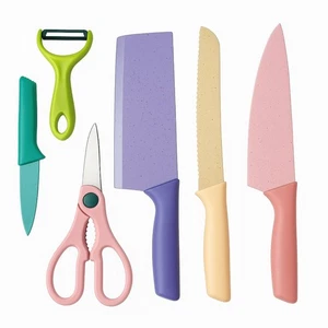 NUEVO 6 piezas Juego de cuchillos de cocina corrugados coloridos - Acero inoxidable + pelador | Regalo - Imagen 1 de 10