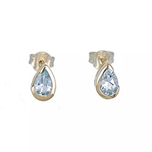 9ct Yellow Gold Blue Topaz Earrings Natural Treated Gemstone Studs Handmade - Picture 1 of 12