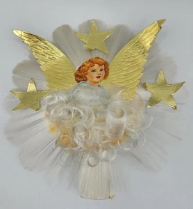 Vintage Angelo Albero Topper Tinsel Vetro Filato Rottami Carta Angelo Capelli Natale - Foto 1 di 7