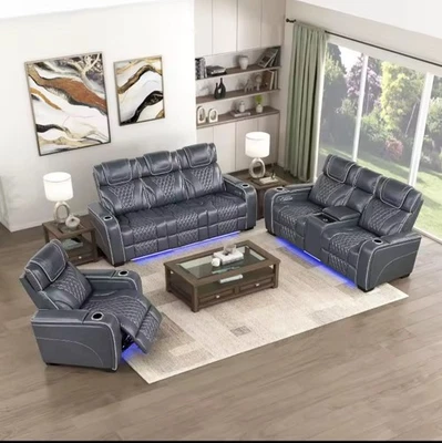 Juego de sofá reclinable eléctrico de 3 piezas con masaje y luz LED - reclinable de cuero moderno Foto 1 de 2