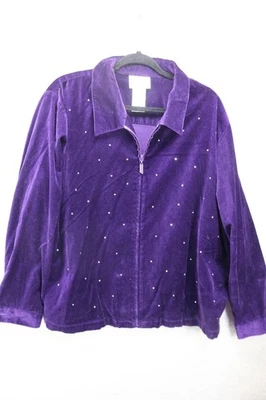 Quacker Factory Purple Velvet Rhinestones Full Zip Long Sleeves Top/Jacket-2X - Image 1 of 4
