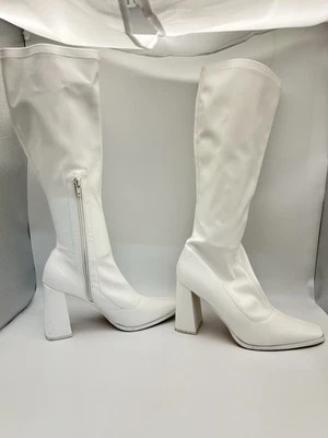 Botas hasta la rodilla de cuero blancas Liliana Alex-2 para mujer talla 8,5 con cremallera en el tacón de 4 pulgadas Foto 1 de 4