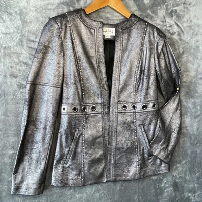 Chaqueta de gamuza sintética metálica Joseph Ribkoff pequeña ojales texturizados arte elástico $200 Foto 1 de 4