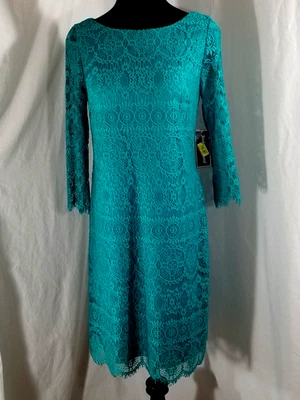 JESSICA HOWARD Lace Shift Dress Lined 3/4 Sleeve Teal Size 6 Above Knee - Image 1 of 4