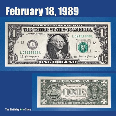 Billete de un dólar de $1 aniversario cumpleaños 18 de febrero de 1989 número de serie 02181989 Foto 1 de 2