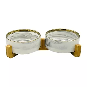 13cm Grey Marble effect Ceramic Double Pet Water Food Bowl with Stand Dog / cat - Picture 1 of 2