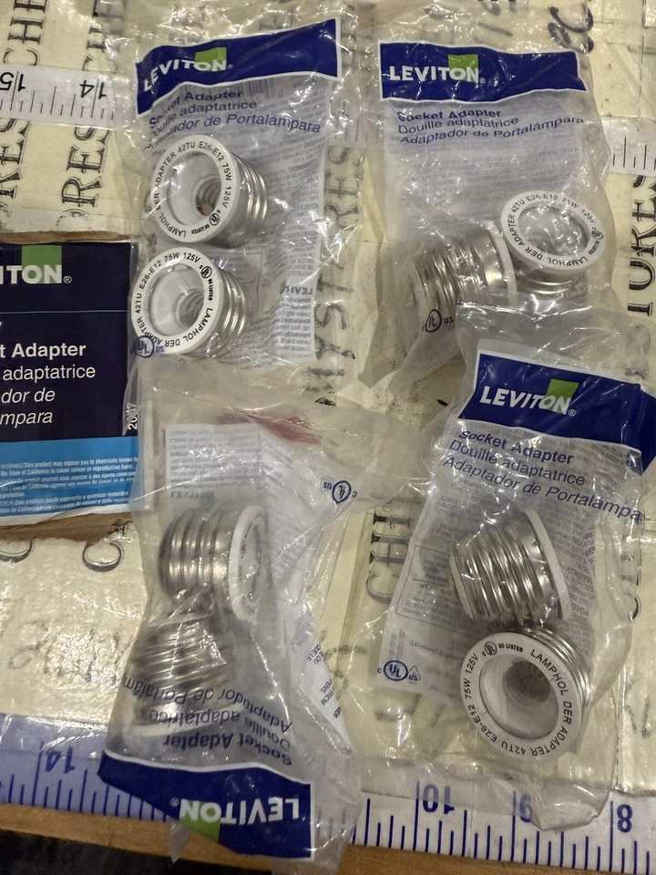 4X 2PK Leviton  Socket Adapter Medium E12 (M) To Candelabra E26 (F) 75W 125V - Image 1 of 4