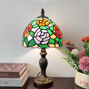 Tiffany Table Lamp Small Rose-Flowers Stained Glass Desk Lamp Vintage Bedside La - Picture 1 of 7