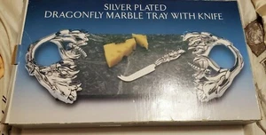 Godinger Silver Plated Dragonfly Green Marble Tray w Knife Cheese Tray NIB 18.5" - Picture 1 of 9