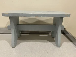 Old Vintage Chippy Distressed Blue PAINTED WOOD STOOL Bench Country Farmhouse - Picture 1 of 12