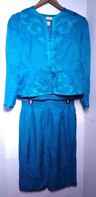 Traje falda seda Adrienna Papell talla 12 dos piezas azul forrado con hombreras Foto 1 de 4