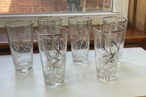 Set of 6 Atomic Starburst Clear Glasses w Silver Overlay MCM Mid Century Modern - Picture 1 of 6