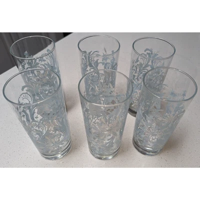 Set of 6 Highball Tall Snowflake Drinking Glasses Baby Blue White Farmhouse - Image 1 of 4