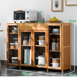 Wooden Bamboo Clear Door Sideboard Storage Cabinet Kitchen Cupboard Drawer Table - Picture 1 of 9