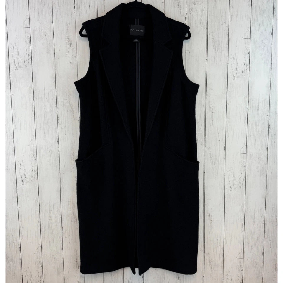 Chaleco Tahari Negro Mezcla Lana Muesca Solapa Sin Mangas Longline Abierto Talla Mediana Foto 1 de 4