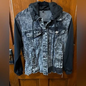 Black Gray Distressed Denim Jacket w/ Detachable Hoodie Size Small EUC Unbranded - Picture 1 of 10