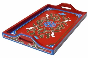 Bandeja para servir plato madera marroquí té café aperitivos hecho a mano decorativo rojo - Imagen 1 de 3