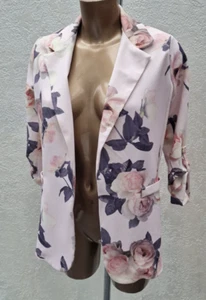 New Look Pink Floral Blazer Size 6 Jacket Ruched 3/4 Sleeve Open Front - Picture 1 of 4
