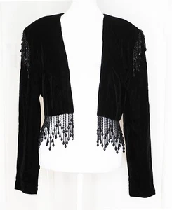 Vintage ALEX EVENINGS M Jacket Cropped Velvet Beaded Fringe Trim Unique Elegant - Picture 1 of 6