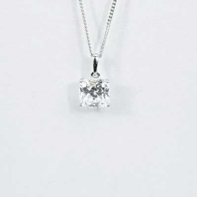 WHITE GOLD FINISH Created Diamond Cushion Cut 4 Claw Solitaire Pendant Necklace - Image 1 of 4