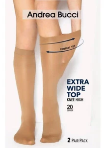 Andrea Bucci Extra Wide Comfort Top Sheer Knee High Socks 20 Denier 2 Pair Pack - Picture 1 of 5