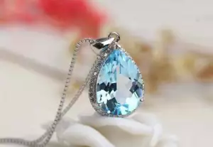 4Ct Pear Cut Aquamarine Halo Pendant Necklaces Free Chain 14K White Gold Plated - Picture 1 of 10