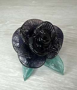 Art Glass Flower Dark Purple Rose Figurine with Green Leaves 4" Signed Vintage - Picture 1 of 9