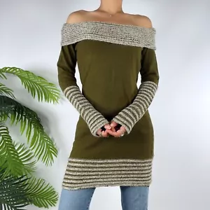 Vintage Green Striped Boho Fairy Grunge Cottagecore Long Sleeve Sweater Dress /M - Picture 1 of 7