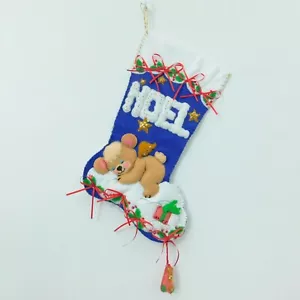 Bucilla Finished Felt Christmas Stocking Dreaming Teddy Noel Mistletoe Bows 18" - Picture 1 of 10