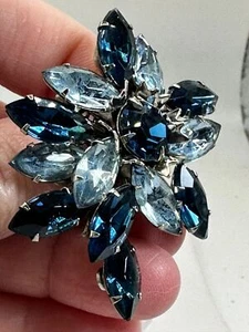 Flower Corsage Ice Blue Navette Rhinestones 30's Vintage Silver Brooch M-4381 - Picture 1 of 3