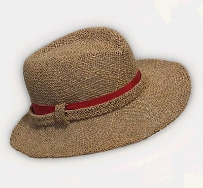 Sombrero Betmar New York Paja Fedora Sol Mujer Bronceado 2.5" Ala Rojo Acento Banda En muy buena condición Foto 1 de 4
