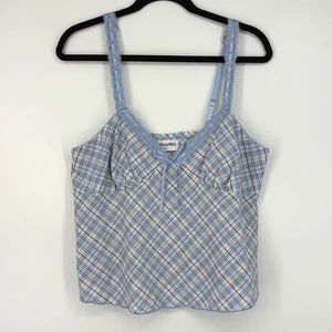 No Boundaries Womens Large Camisole Tank Top Blue Brown Plaid Ribbon Trim Retro - Picture 1 of 7