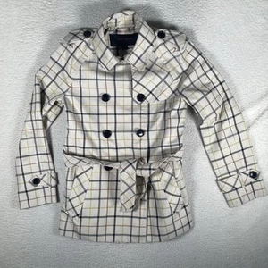 Coach Pea Coat Womens Small Tattersall Ivory Plaid Short Belted READ/STAINS - Picture 1 of 24