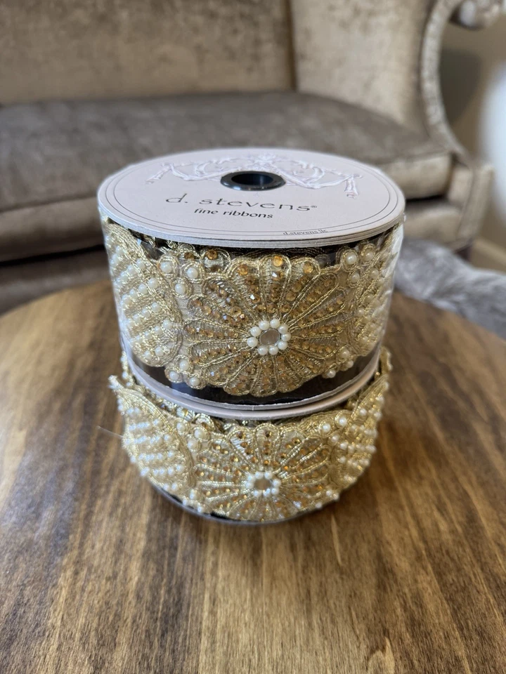 D. Stevens Ribbon Gold Metallic With Pearl Embellishments 2.5” Wide 15’ Rare - Image 1 of 4