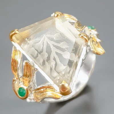 Handmade 12 ct Natural Green Amethyst Ring 925 Sterling Silver Size 8.5 /R440865 - Image 1 of 4