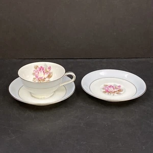 Noritake Nippon Toki Kaisha Porzellan Teetasse Untertasse 1584H Rose Blau Platin Vintage - Bild 1 von 10