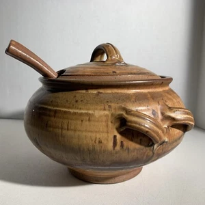 Mid Century Modern Art Pottery Stoneware Casserole Dish Bowl Lid Ladle Spoon - Picture 1 of 21