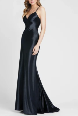 NWT IEENA BY MAC DUGGAL Sz6 SLEEVELESS DOUBLE STRAP V-NECK SATIN GOWN DRESS BLAC - Image 1 of 4