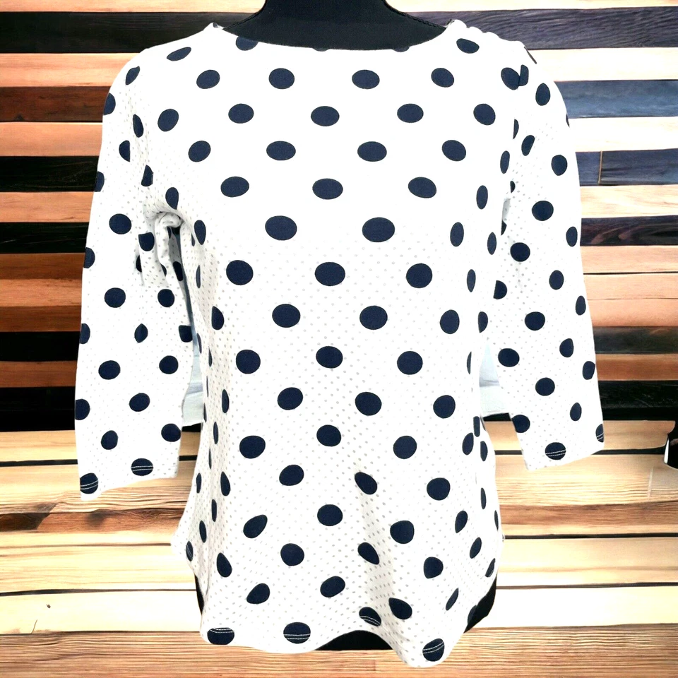Charter Club Shirt Women's 3/4 Sleeve Black Polka Dot Knit Pullover White Sz/ S - Image 1 of 4